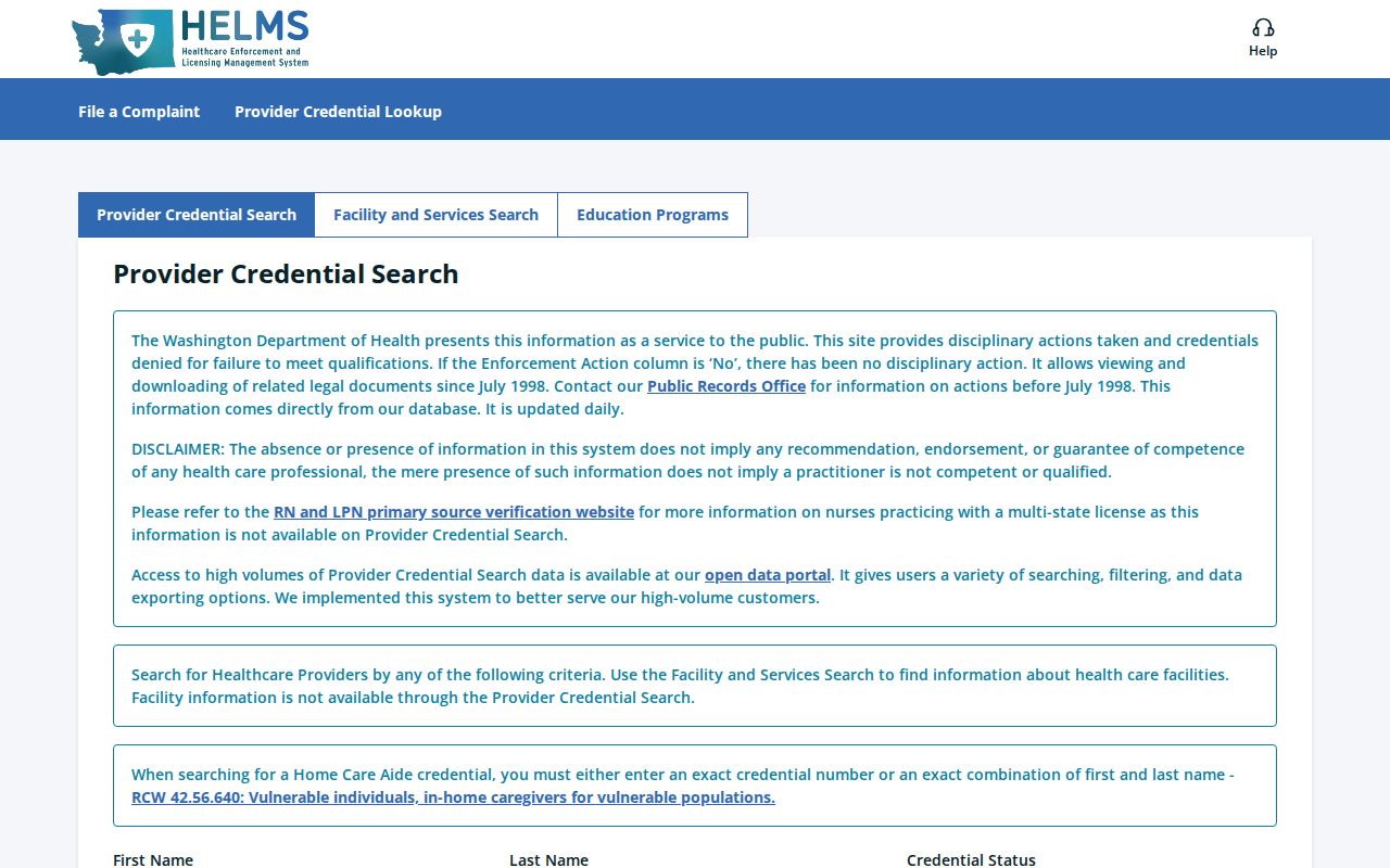 Maple Valley public records search for Washington health credentials