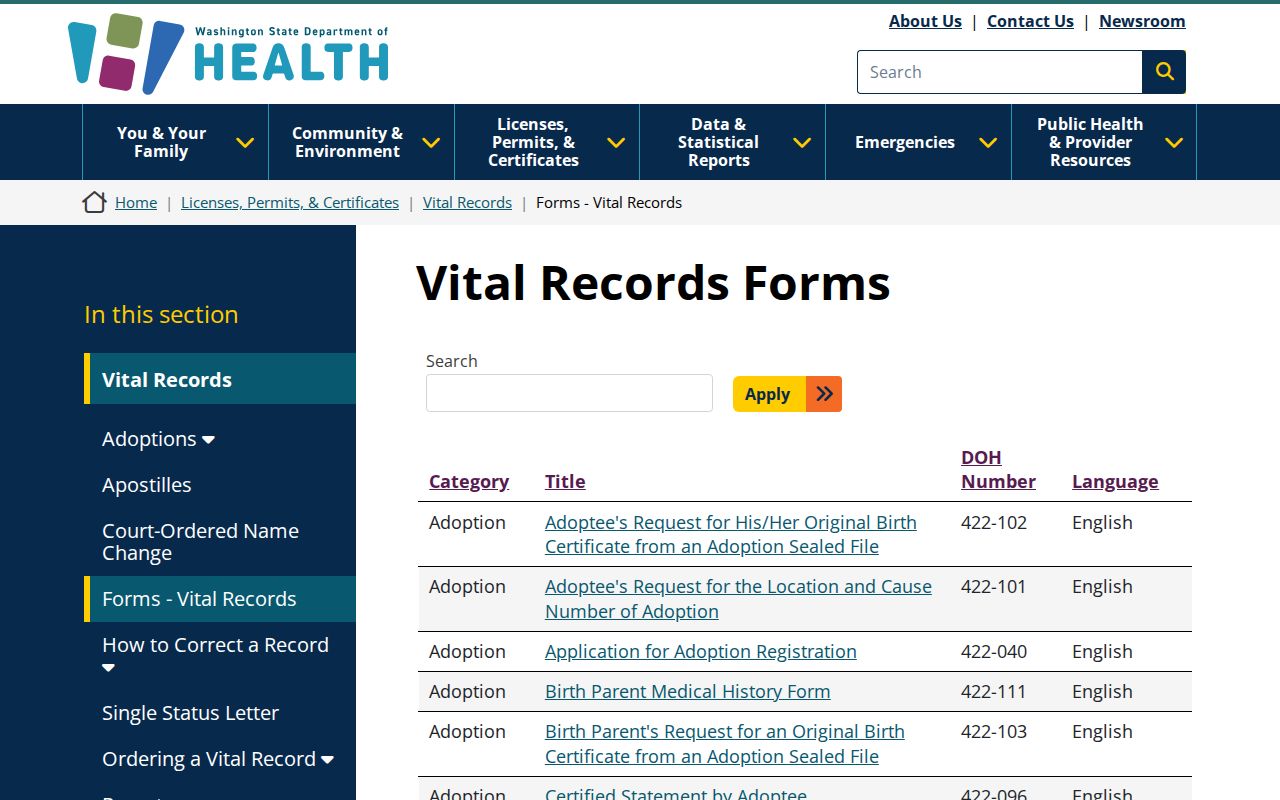 Maple Valley public records forms for Washington vital certificates