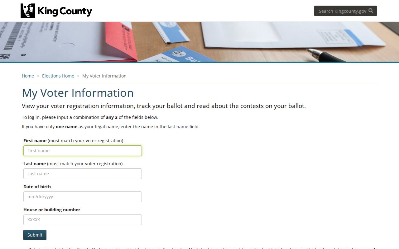 Maple Valley voter registration lookup fields in King County My Voter Information
